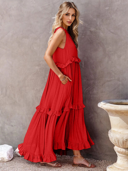 Woman's Style Collection Ruffled Sleeveless Tiered Maxi Dress with Pockets