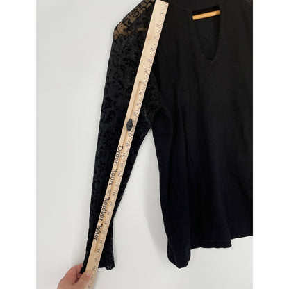 August Silk Black Top with Lace Sleeves Mock Turtleneck Blouse XLe