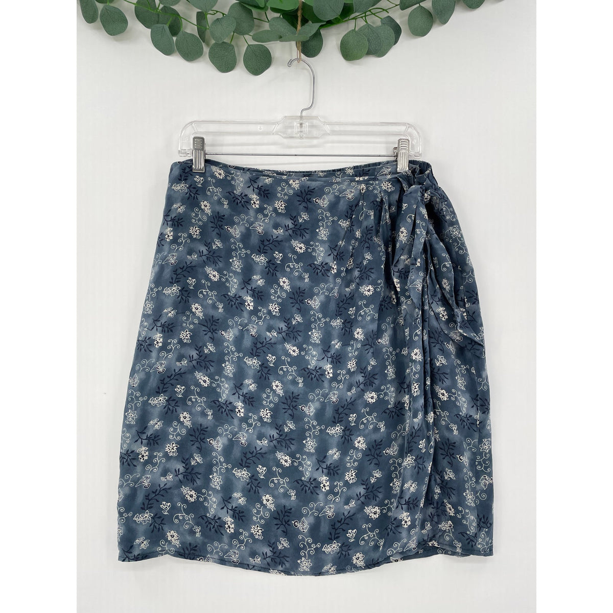 Barrie Pace LTD Vintage 100% Silk Blue Paisley Floral Cottage Wrap Midi Skirt 12
