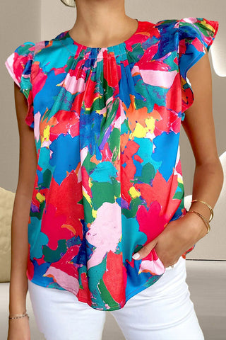 Woman's Style Collection Ruffled Abstract Print Round Neck Cap Sleeve Blouse