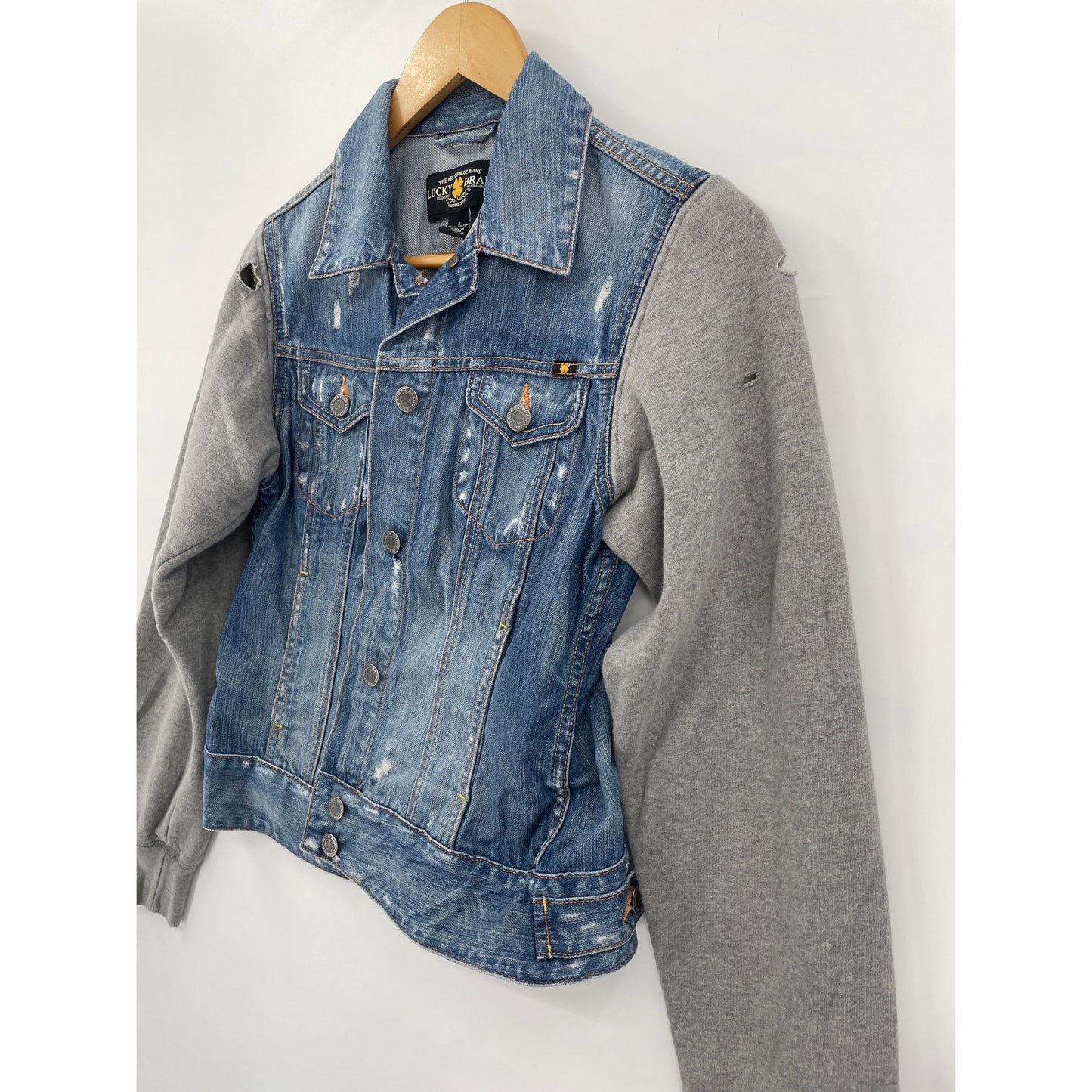 Lucky Brand Distressed 100% Cotton Denim Jacket with Grey Sweater Sleeves Small