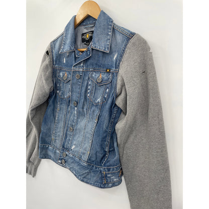Lucky Brand Distressed 100% Cotton Denim Jacket with Grey Sweater Sleeves Small