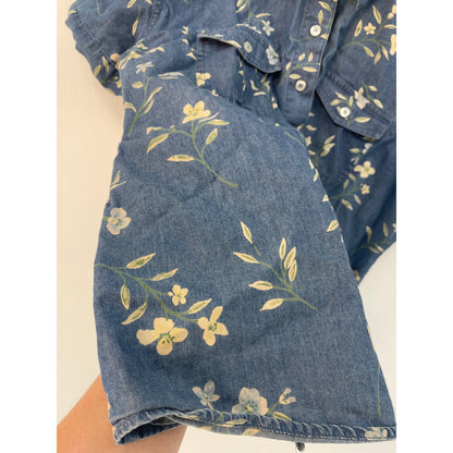 Liz Claiborne Lizwear Jeans Denim Blue 100% Cotton Floral Button Up Size L