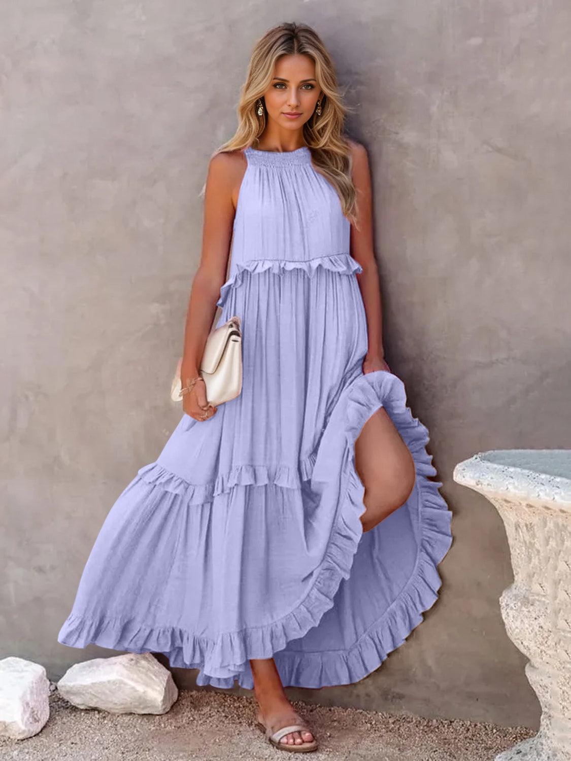 Woman's Style Collection Ruffled Sleeveless Tiered Maxi Dress with Pockets