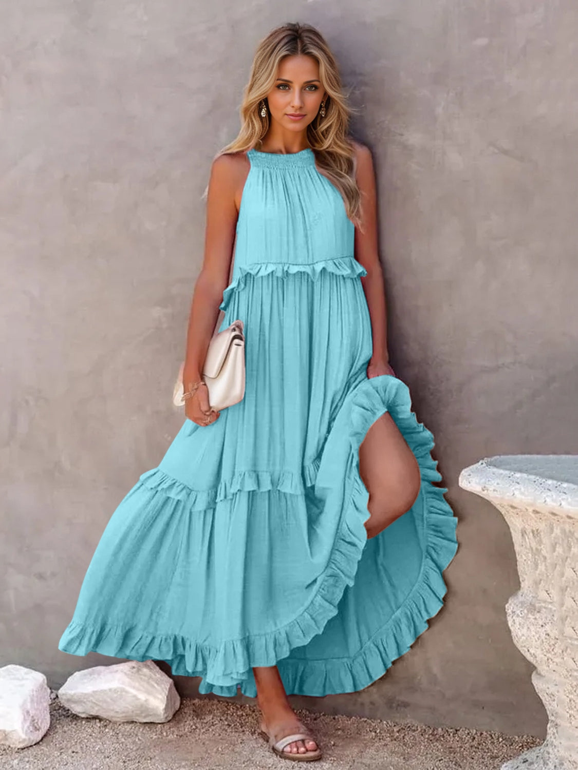 Woman's Style Collection Ruffled Sleeveless Tiered Maxi Dress with Pockets
