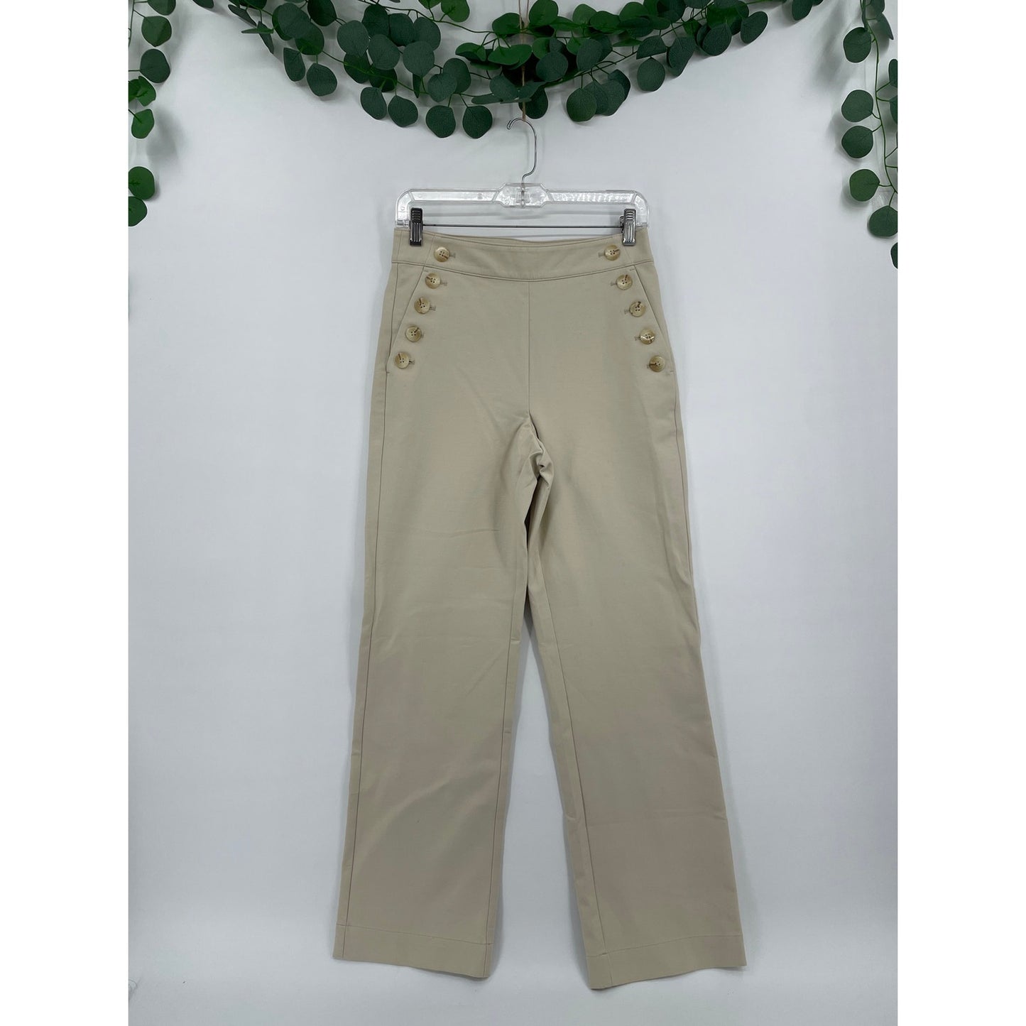 NWT Ann Taylor Cream High Rise Wide Leg Petite Trousers Gold Pocket Buttons 2P