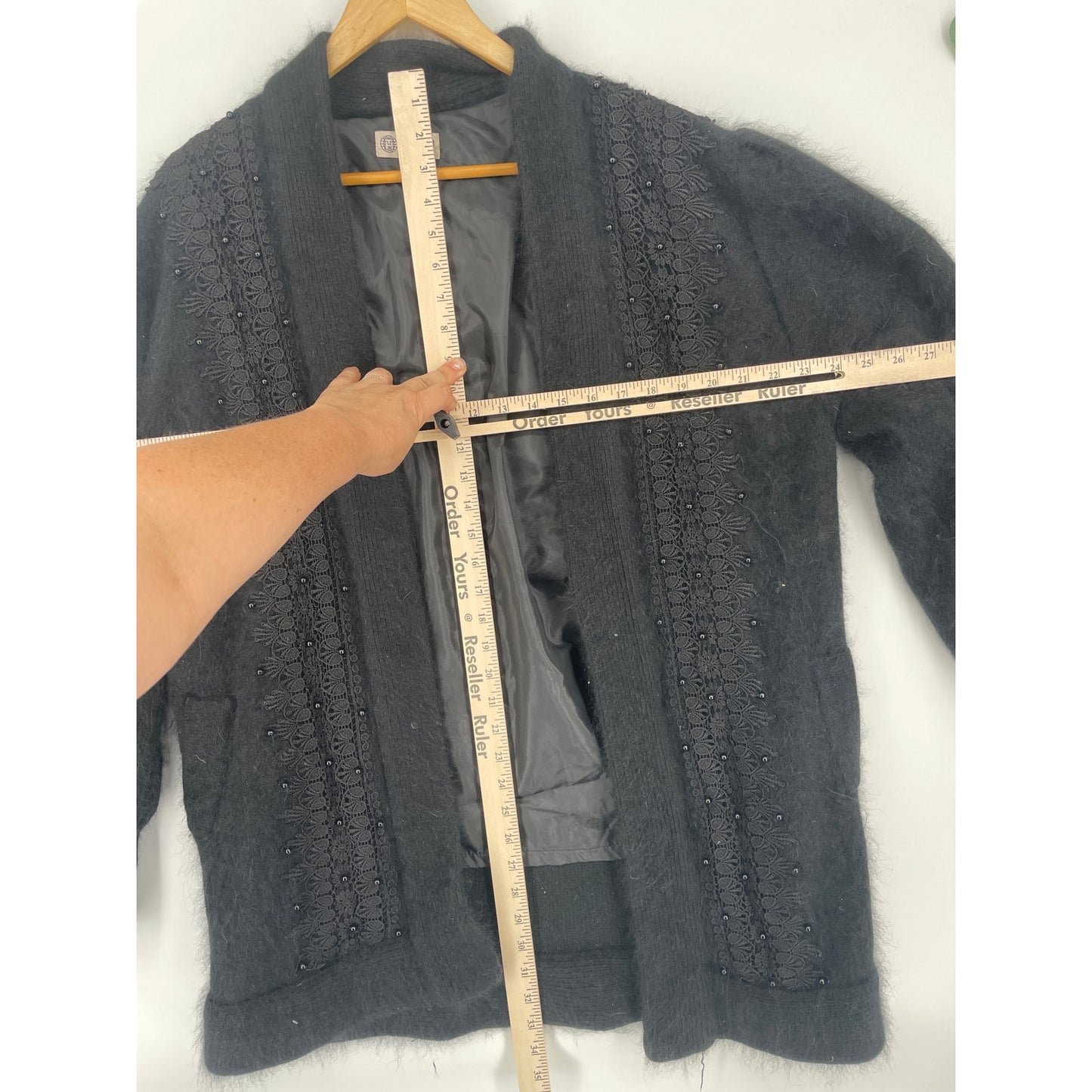 VTG 90's Black Front Beaded Crochet Angora Open Long Sleeved Lined Coat Made in Mexico one side fits all