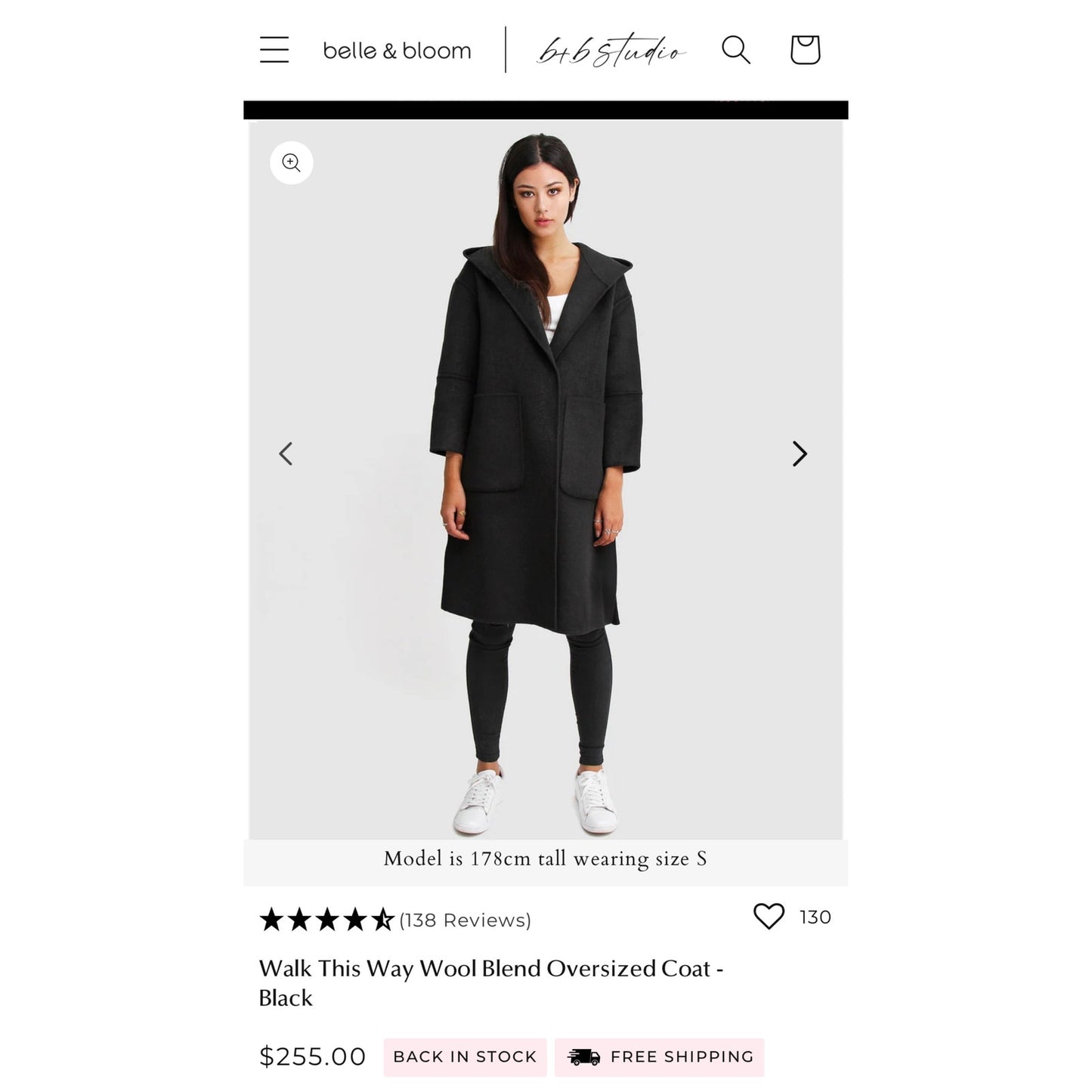 Belle & Bloom Walk This Way Women’s Black Wool Coat w/Hood Size Large MSRP $255.00