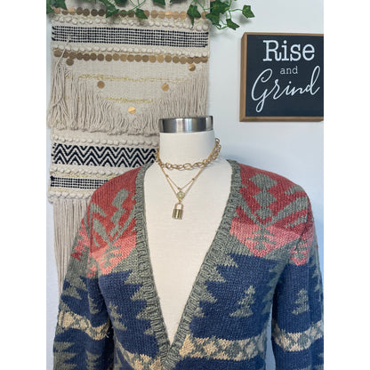 Vintage Exlcusive Hand Knit for Lauren Ralph Lauren Womans Western Aztec Open Knit Sarape Cardigan Sweater -M