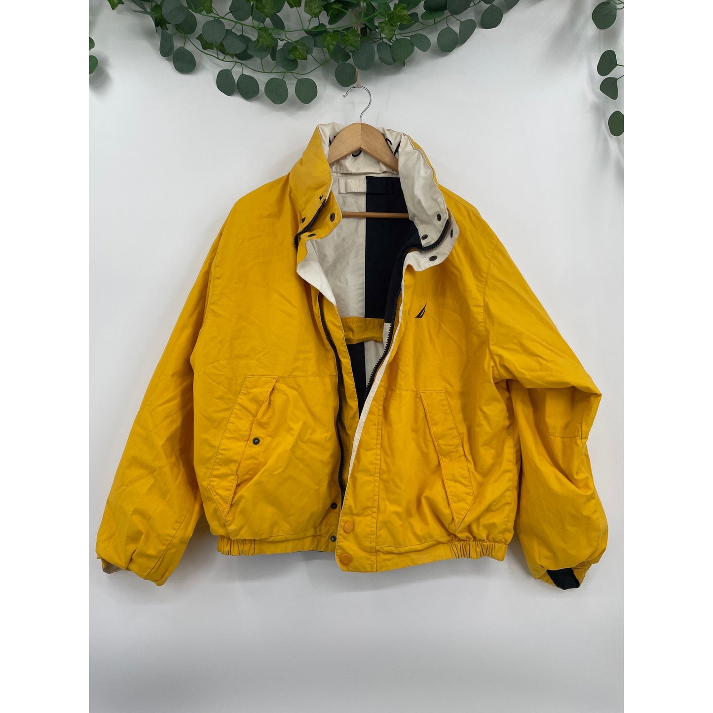 Vtg Nautica  NS-83 Yellow and Blue Reversible Hooded Cotton Jacket Medium