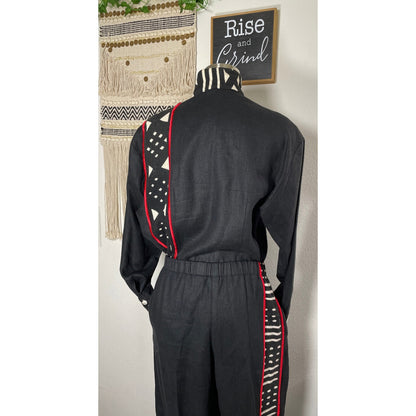 Unisex Vintage NIA Linen Cotton Black and Red Tribal Ethnic Shirt & Pant Set Suit M