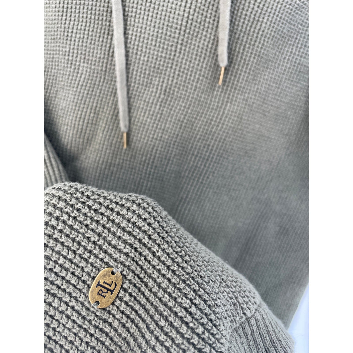 Lauren Ralph Lauren LRL Olive Green Waffle Knit Hoodie Pullover Hoodie Sweater Medium