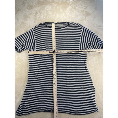 Eileen Fisher Womans Round Neck Stripped Organic Linen Loose Fit Top Large