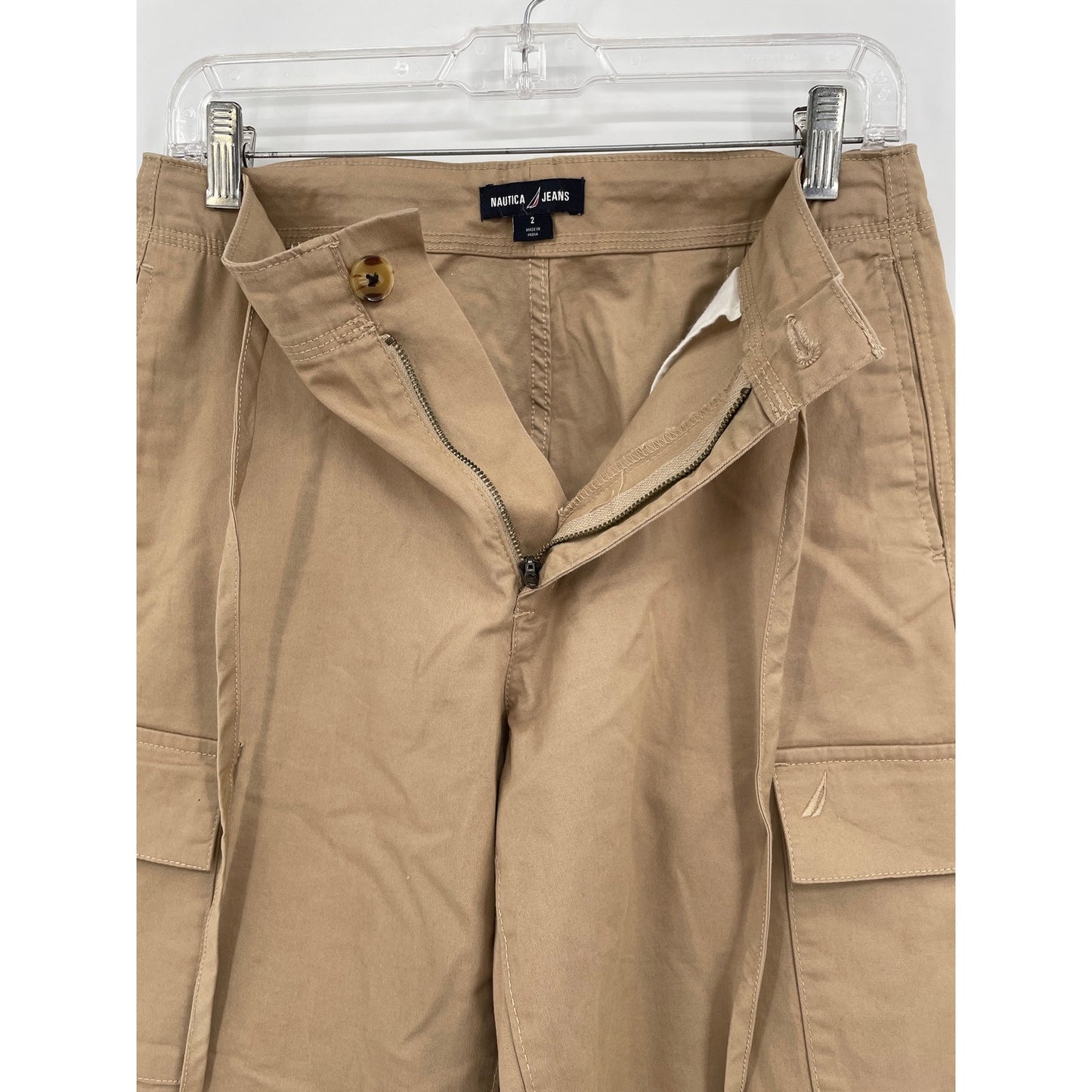 NWOT Nautica Woman Wide Leg Cargo Khaki Pull On Zipper Draw String Pant