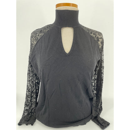 August Silk Black Top with Lace Sleeves Mock Turtleneck Blouse XLe