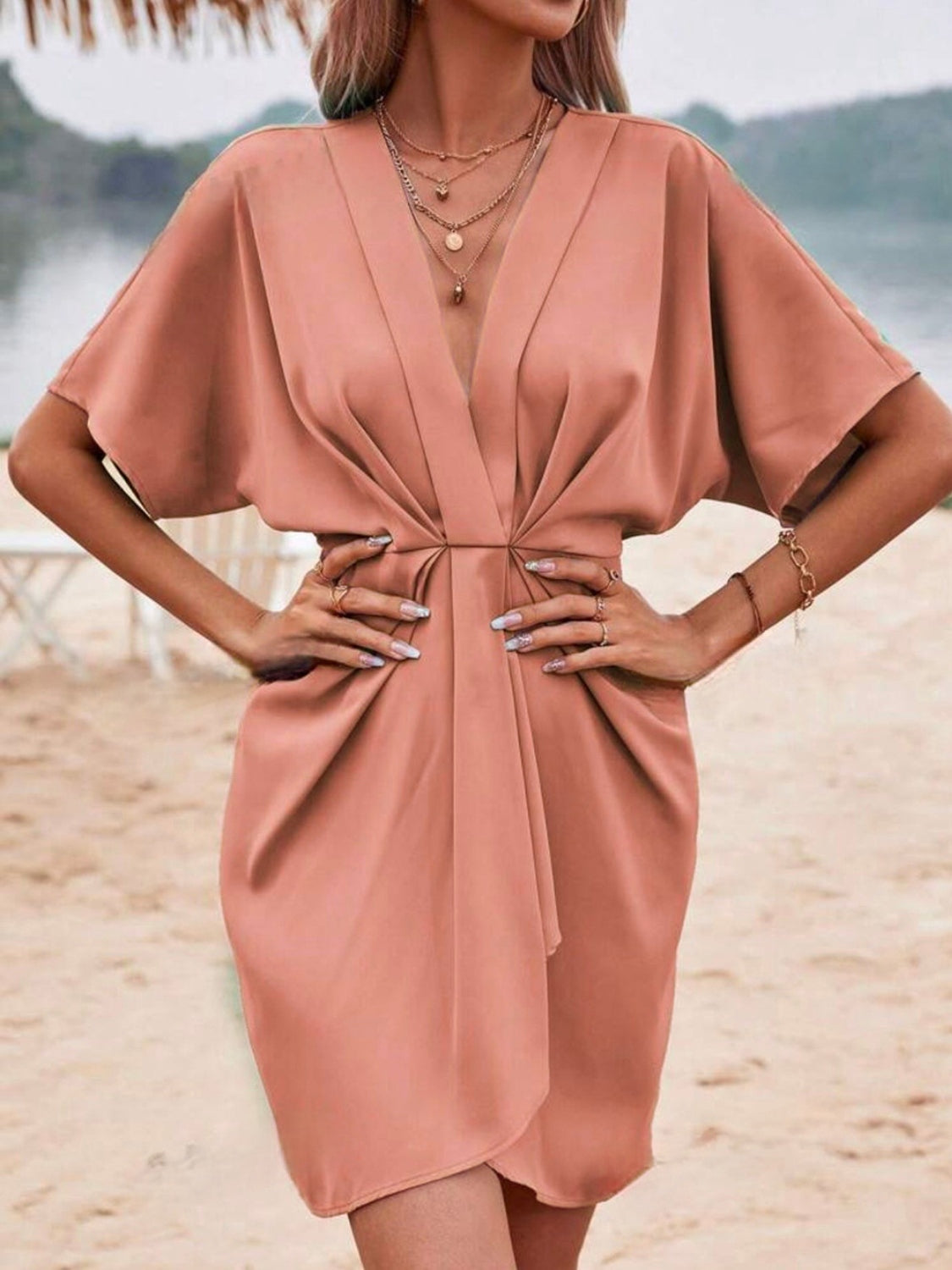 Woman's Style Collection Plunge Short Sleeve Mini Dress