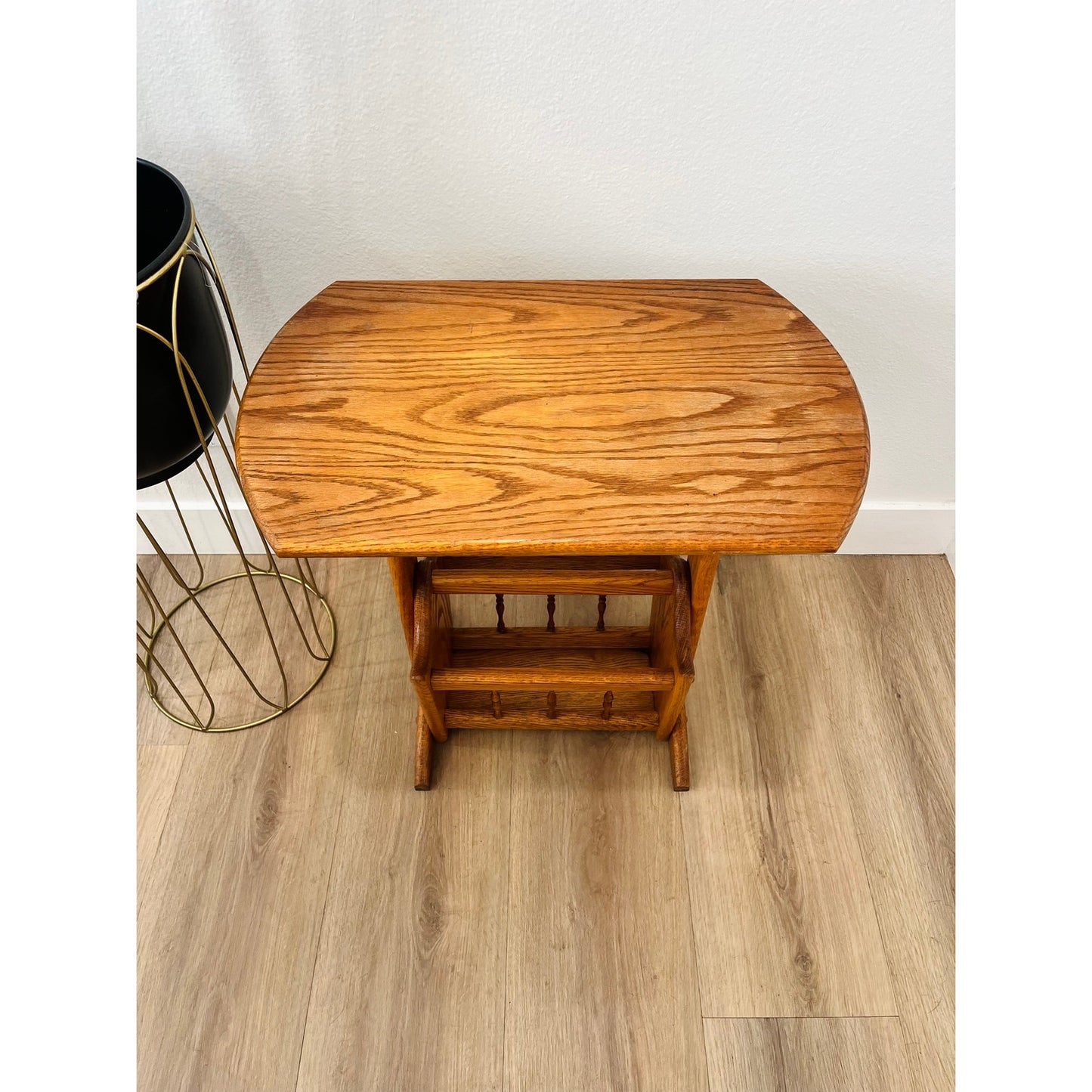 Vintage Hand Crafted Solid Oak Wood Accent Table + Magazine Rack