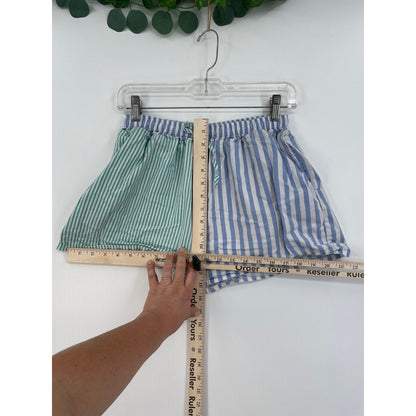 Matching Set Green Blue White %100 Cotton Womans Long Sleeve Button Shirt Shorts Size Med