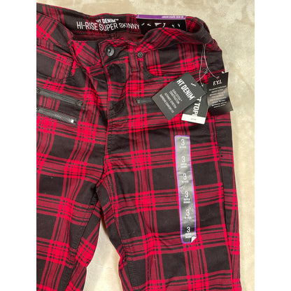 Hot Topic NWT Denim Hi Rise Super Skinny Red & Black Plaid Goth Punk Womans Pants Size 3
