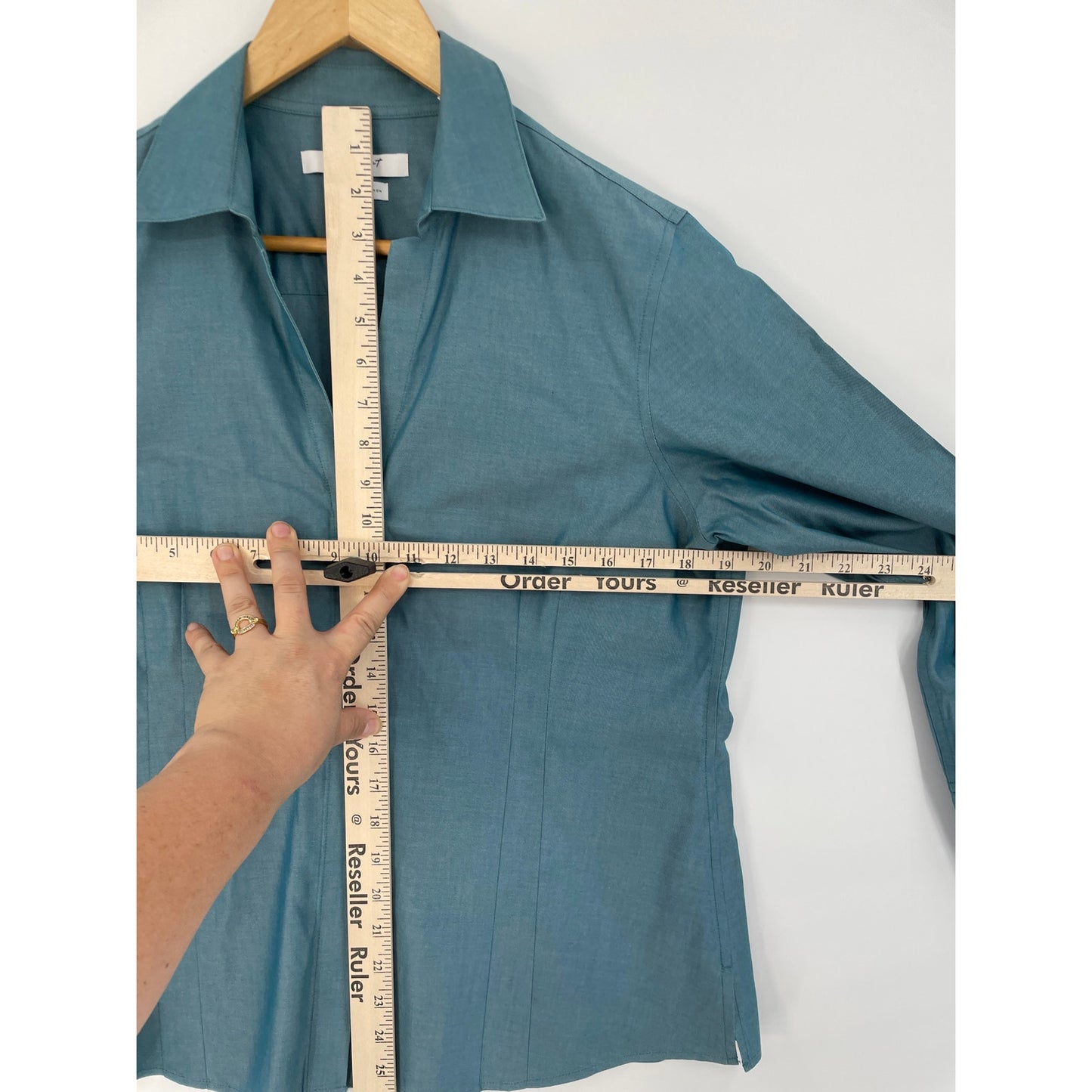 Foxcroft Blue Blouse Top Heritage No Iron Button Up 14P Fitted