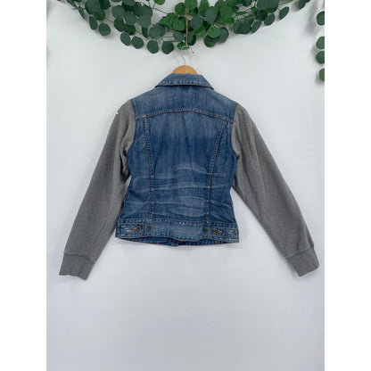 Lucky Brand Distressed 100% Cotton Denim Jacket with Grey Sweater Sleeves Small