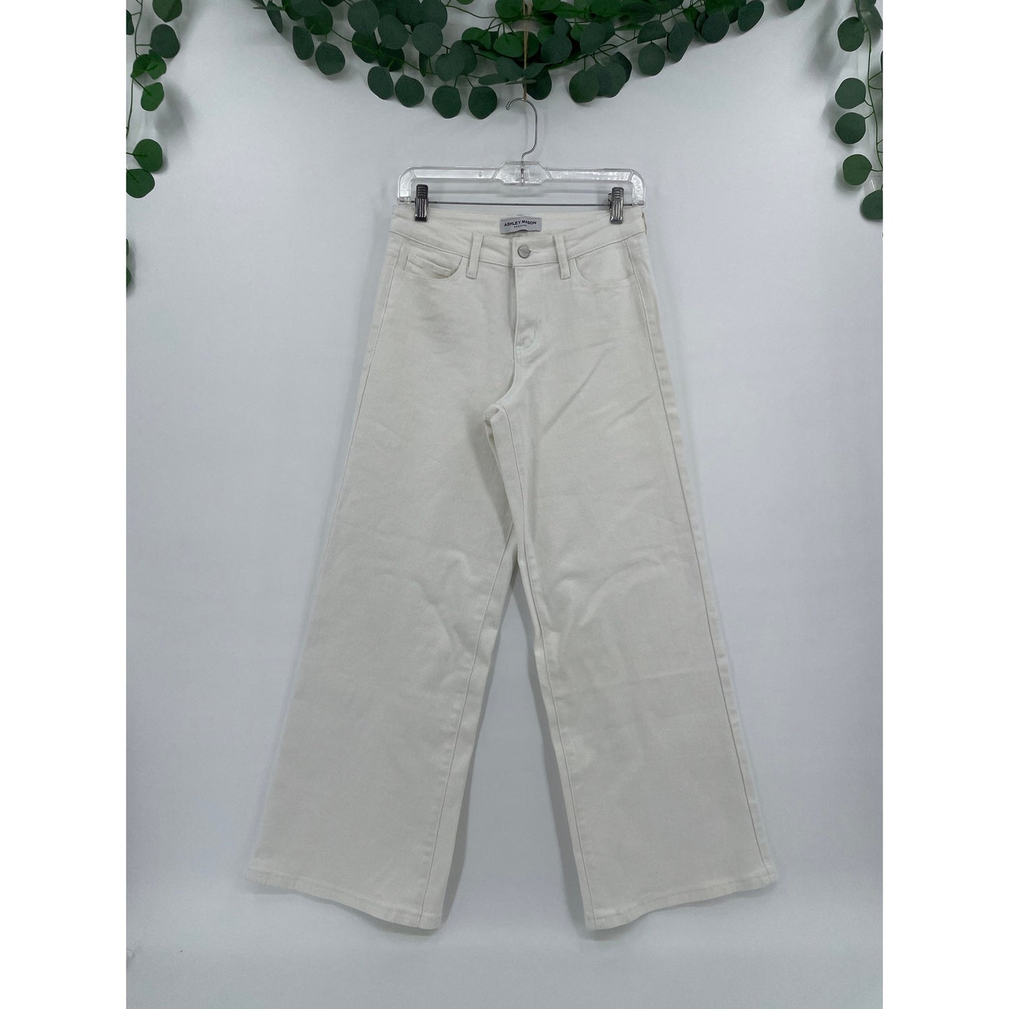 Ashley Mason Premium Off White High Rise Wide Leg Zipper Denim Jeans 5/27