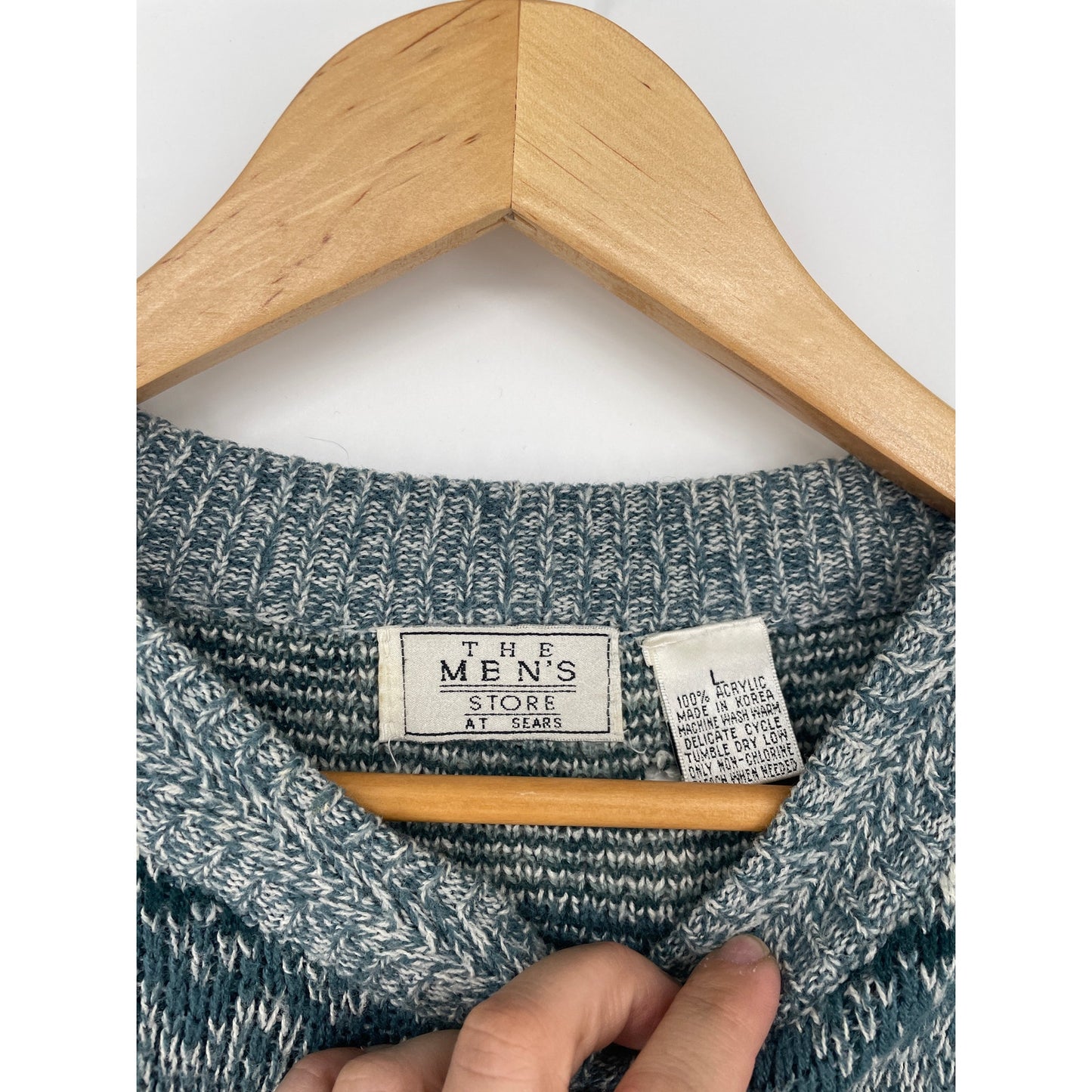 Vintage 80's Sears Mens Store Geometric Sweater Green Blue Grey Made in Korea Large