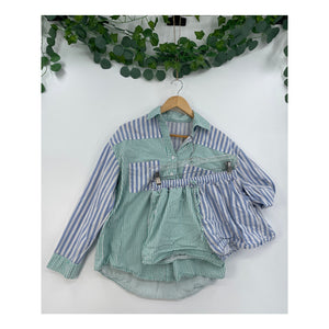 Matching Set Green Blue White %100 Cotton Womans Long Sleeve Button Shirt Shorts Size Med