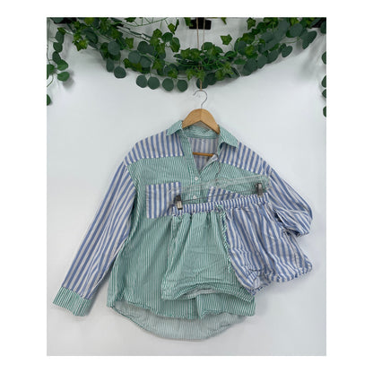 Matching Set Green Blue White %100 Cotton Womans Long Sleeve Button Shirt Shorts Size Med