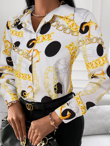 Woman's Style Collection Printed Collared Neck Long Sleeve Blouse