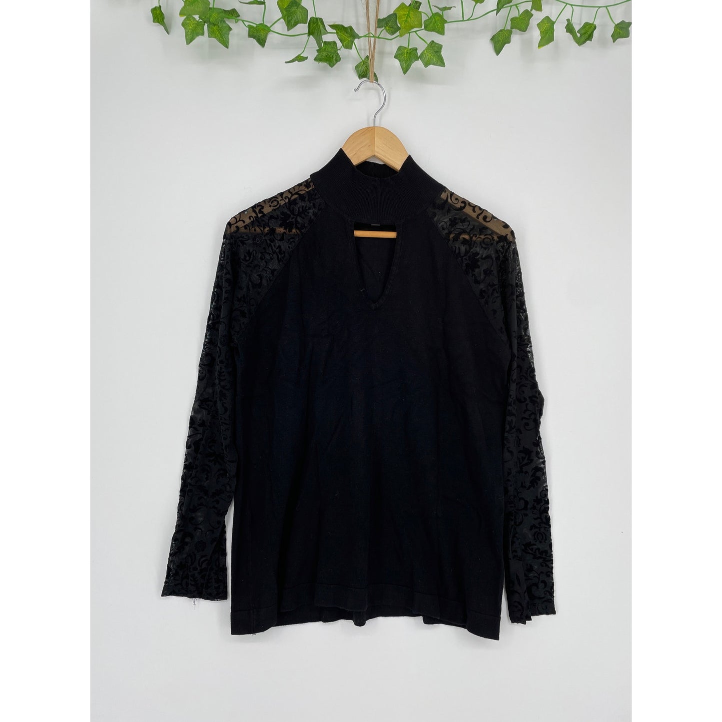 August Silk Black Top with Lace Sleeves Mock Turtleneck Blouse XLe