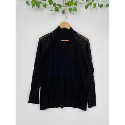 August Silk Black Top with Lace Sleeves Mock Turtleneck Blouse XLe
