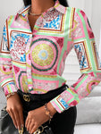 Woman's Style Collection Printed Collared Neck Long Sleeve Blouse