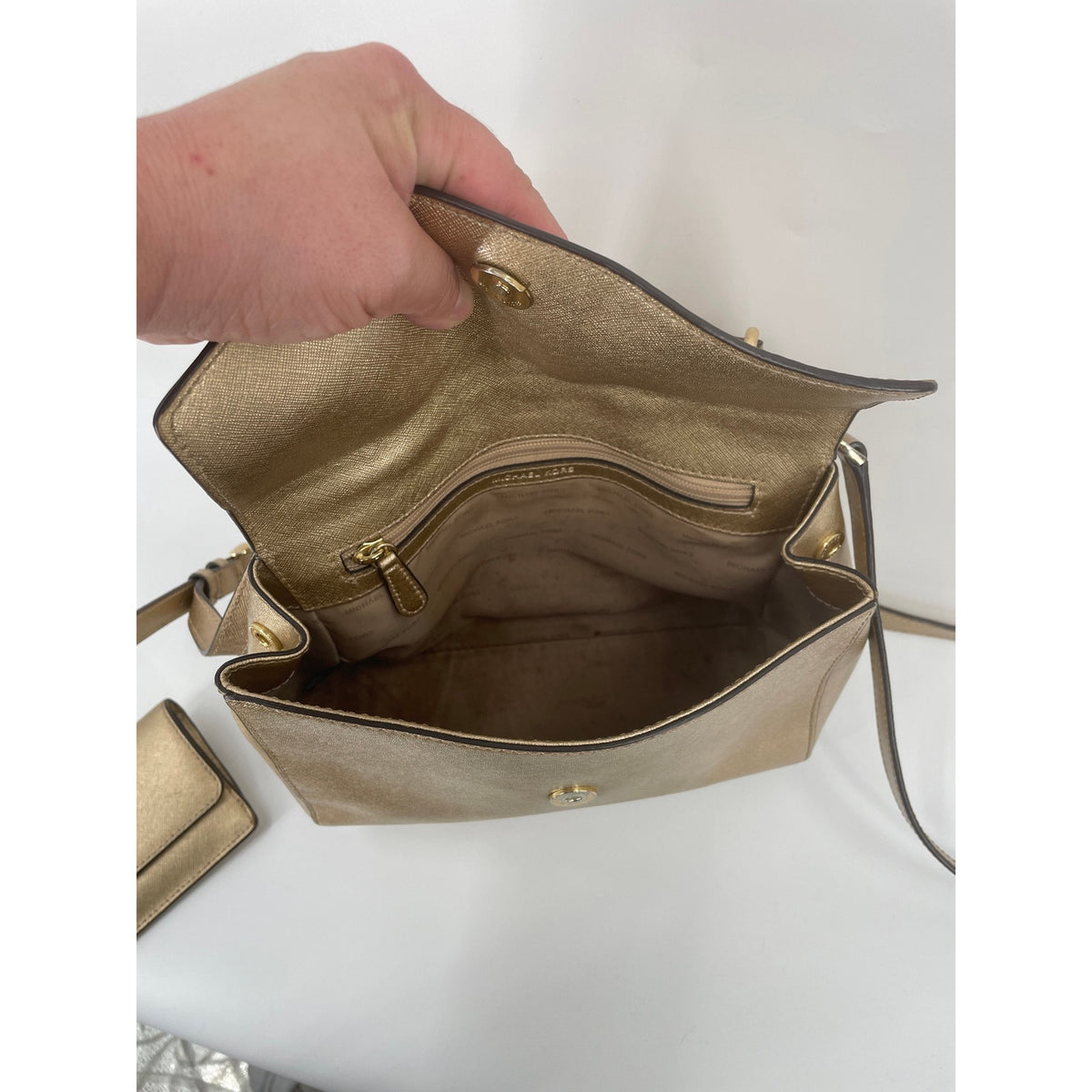 Michael Kors Metalic Gold Small Ava Satchel Crossbody Saffiano Leather Handbag