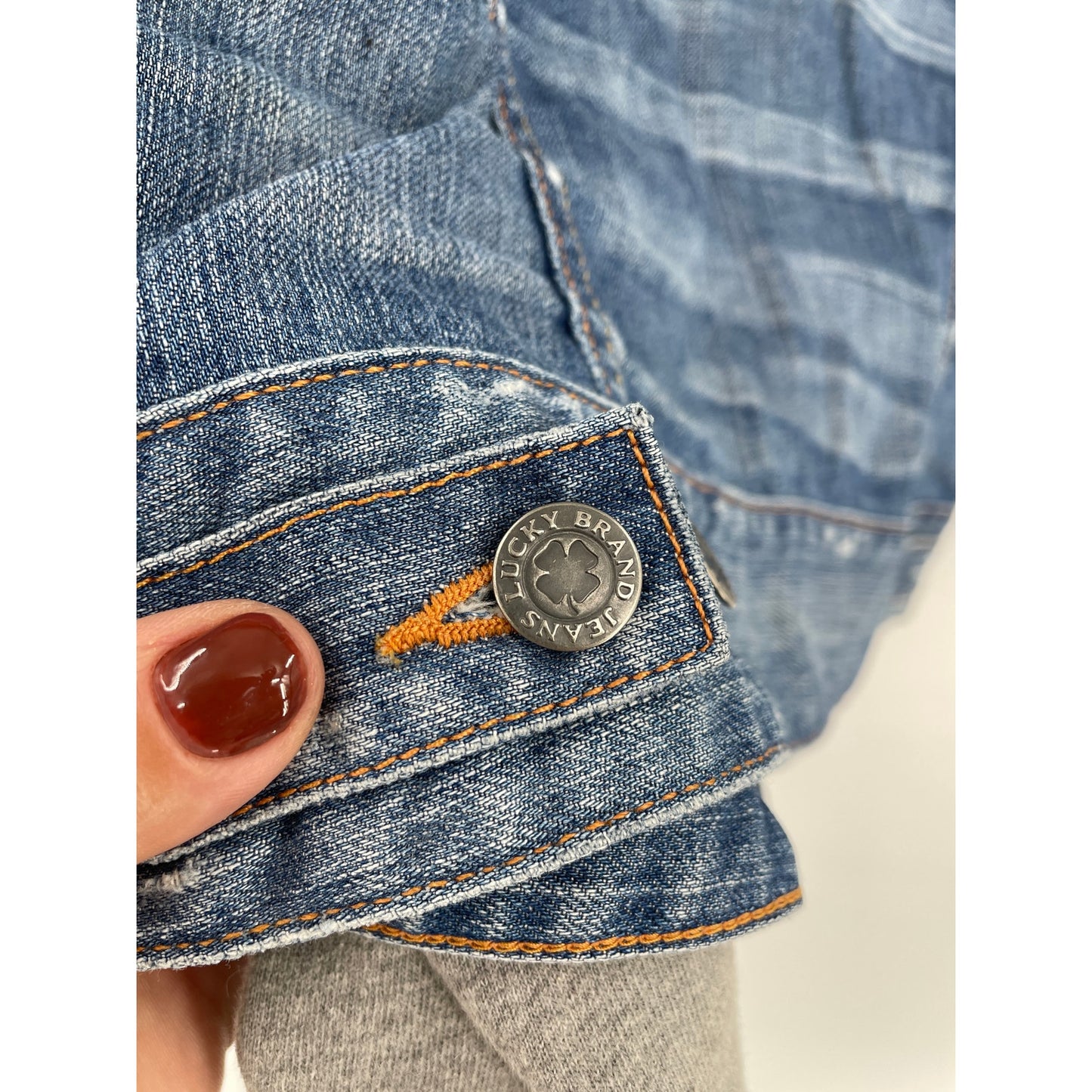 Lucky Brand Distressed 100% Cotton Denim Jacket with Grey Sweater Sleeves Small