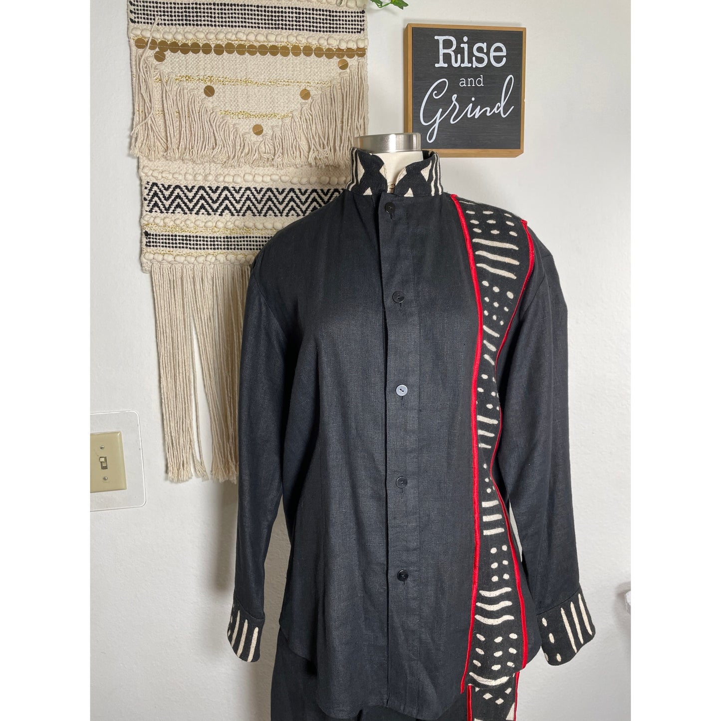 Unisex Vintage NIA Linen Cotton Black and Red Tribal Ethnic Shirt & Pant Set Suit M