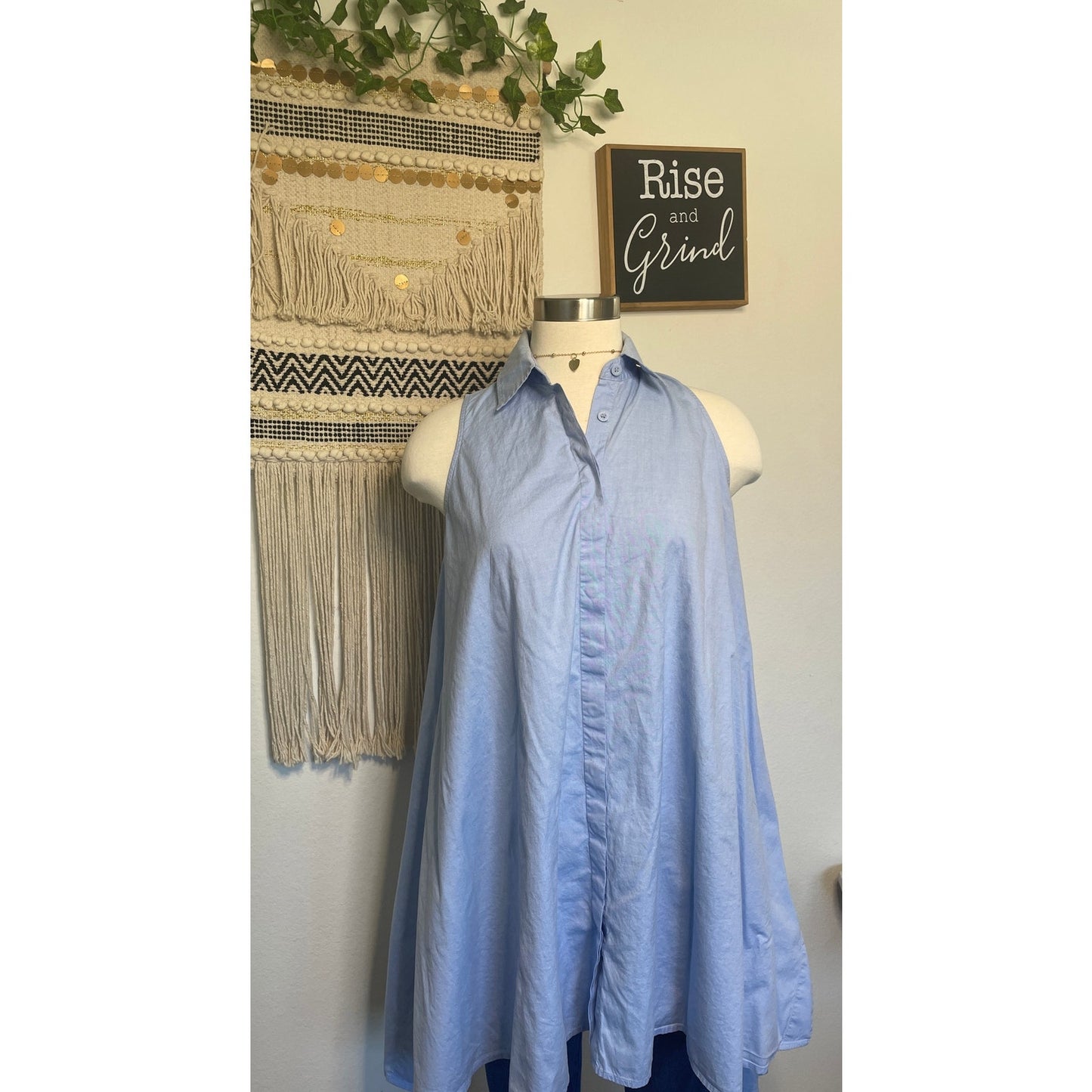 Rebecca Mincoff Cotton Sky Blue Button Up Shirt Dress XS