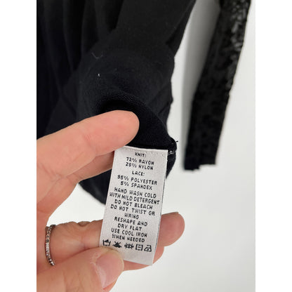 August Silk Black Top with Lace Sleeves Mock Turtleneck Blouse XLe