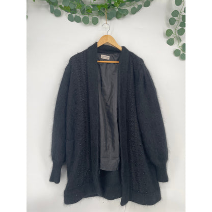 VTG 90's Black Front Beaded Crochet Angora Open Long Sleeved Lined Coat Made in Mexico one side fits all