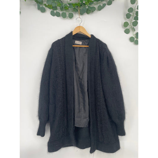 VTG 90's Black Front Beaded Crochet Angora Open Long Sleeved Lined Coat Made in Mexico one side fits all