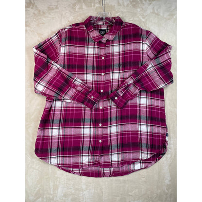 Gap Woman’s Relaxed Fit Boyfriend Plaid Button Down Magenta Cotton Flannel  XL