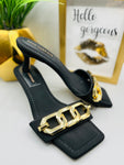 Good American Black Slip On Heels with Gold Chain