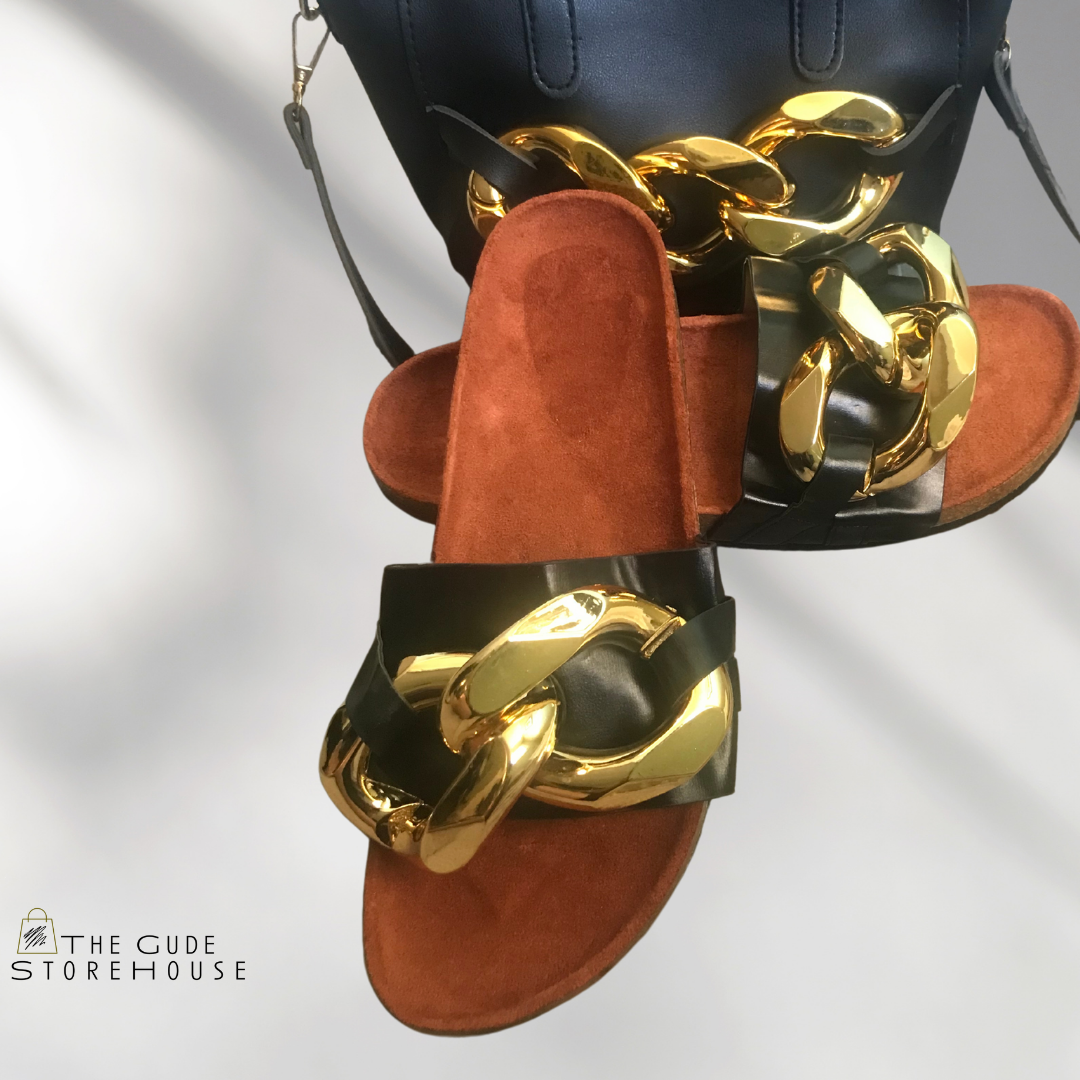 Big Chain | Black Slides and Handbag Set