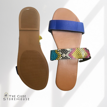 Blue snake print slide sandals