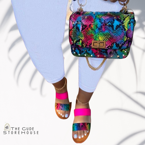 Pink/Multi color snake print handbag and matching sandals