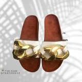 White Slides | Gold Big Chain | Caramel Brown leather inner sole