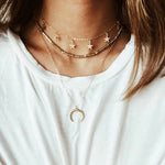 18 k Gold plated 3 in 1 necklace Long moon chain- 11 1/2 inches in length Mini beveled square chain- 7 inches in length Star choker chain-6 inches in length
